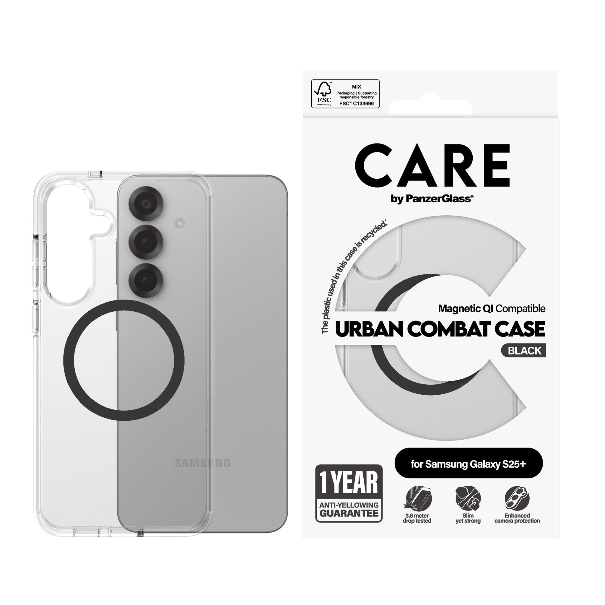 CARE by PanzerGlass® Flagship Case Transparent Urban Combat w. Black Qi Compatible Samsung Galaxy S25+
